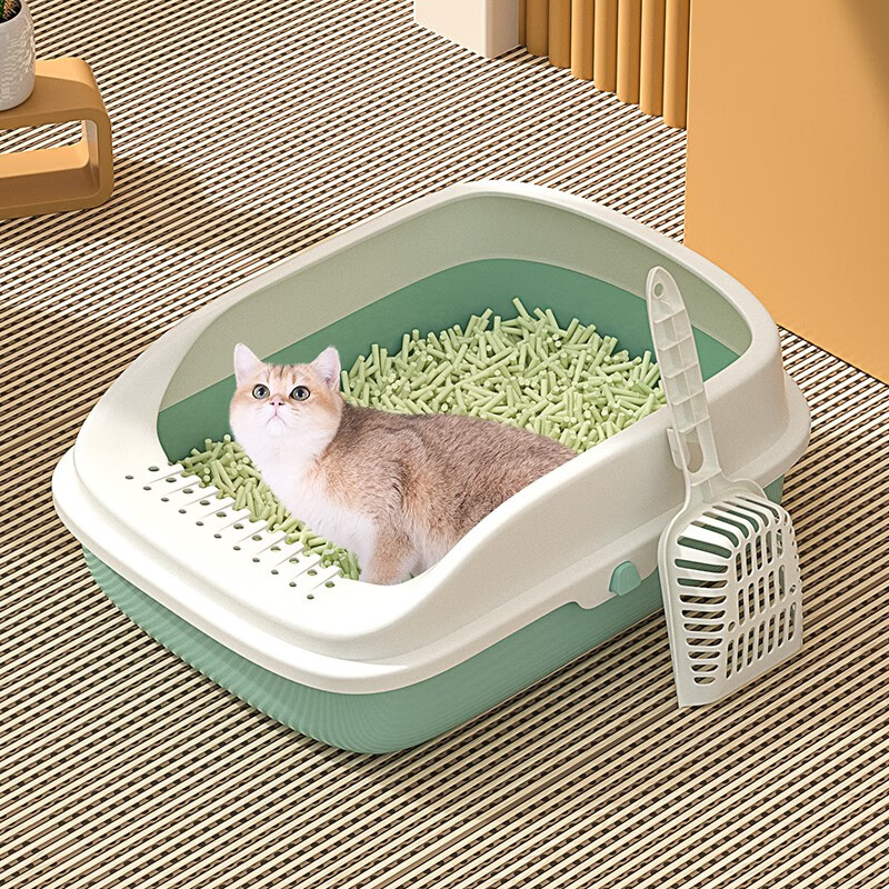 Hanhan Pet Cat Litter Box Extra Large Cat Toilet Semi-enclosed Cat Litter Box Kitten Adult Cat Anti-Splash Cat Poop Box Cat Supplies Tea Green Small Size