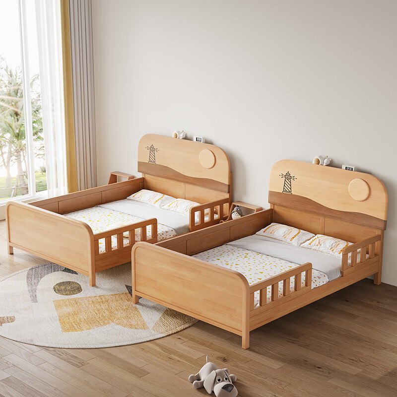 Door-to-door solid wood children's bed with guardrails solid wood children's bed with guardrails 1.2 meters for boys and girls solid wood color 1.5 meters 1.35 all solid wood double side guardrail bed + 10cm soft and hard 1200*2000