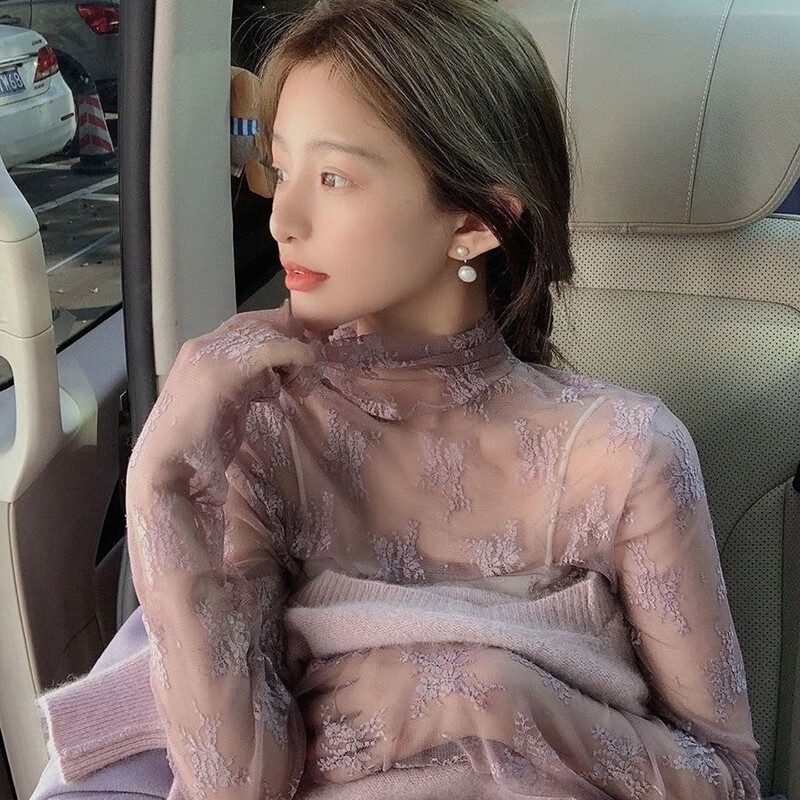 NJTD Lace Top Pure Desire Style Fairy Mesh Long Sleeve Top Super Fairy High Neck Lace Bottoming Top for Women Spring and Autumn Mist Purple One Size S 85-95 Jin