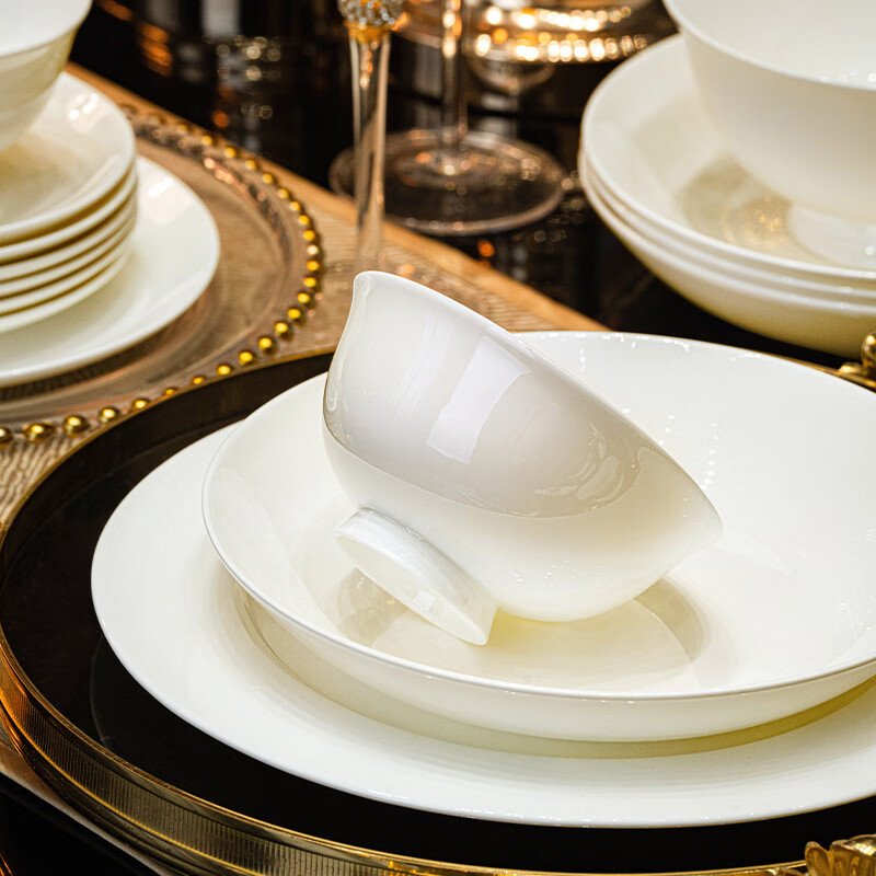 NINE CRANES high-end bowl set bone china household pure white Jingdezhen ceramic bowls and plates tableware high-end housewarming gift set first-class bone china | brocade box packaging | with lucky pot 70-piece set