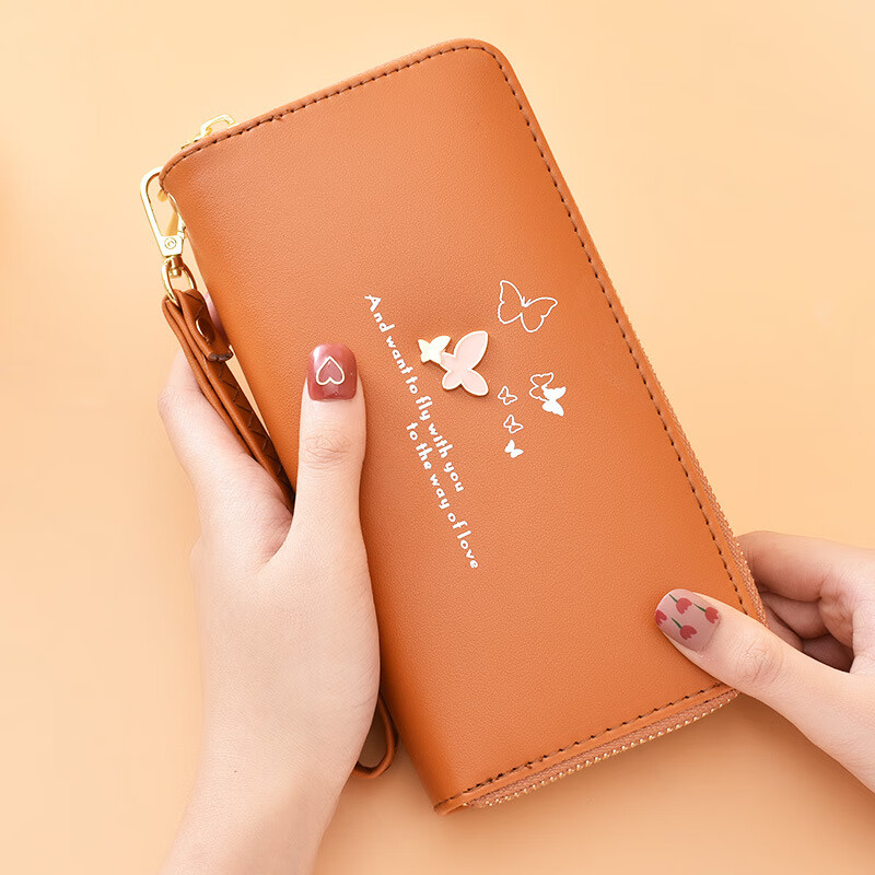 Wallet Women's Long Style 2022 New Fashion Wrist Clutch Cartoon Butterfly Double Zipper Large Capacity Mobile Phone Bag Purple