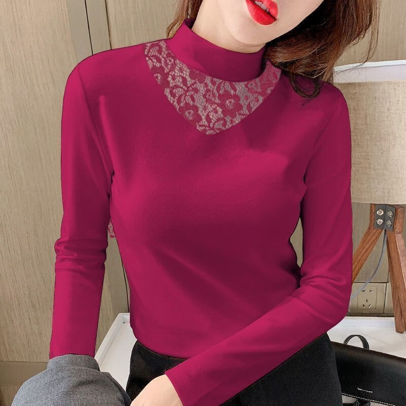 Pure letter bottoming shirt for women 2025 autumn and winter new style warm and fashionable half-high collar versatile lace fashionable and elegant inner top for women 1 double-sided German velvet-brown M recommended 80-100 pounds