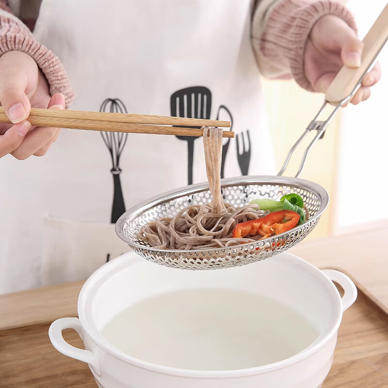 Jekero colander, stainless steel colander, kitchen utensil filter, frying pan, oil grid, noodle and dumpling spoon, wooden handle colander