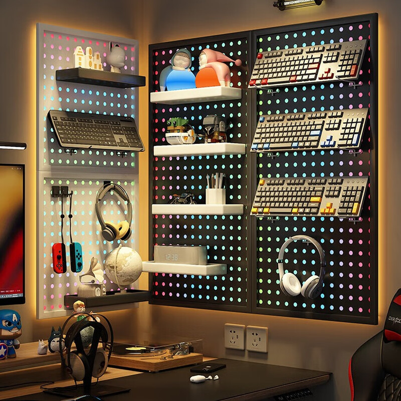 Musong e-sports hole board storage rack Internet cafe wall display rack home study table decoration wall-mounted metal storage rack special black small partition for e-sports default does not come with light strips and accessories