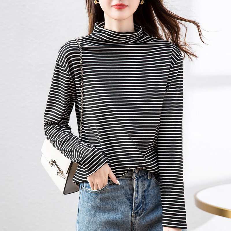 Demana (dme) super elastic striped half turtleneck comfortable striped bottoming shirt for women with top and bottoming shirt for women, black L