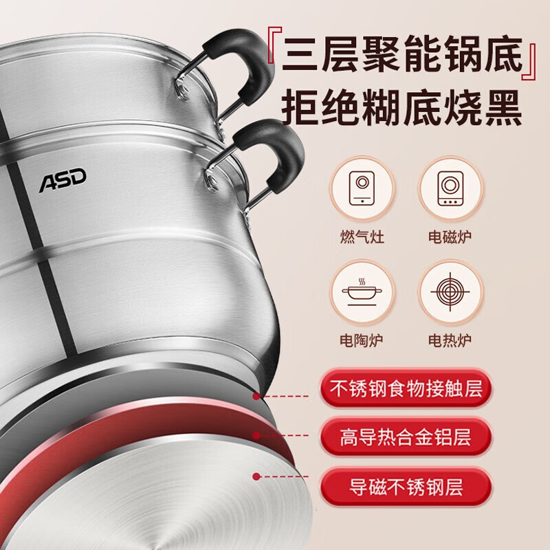 ASD steamer double-layer stainless steel steamer household stew and steaming integrated soup pot 26CM large capacity steamer QVL1526WG