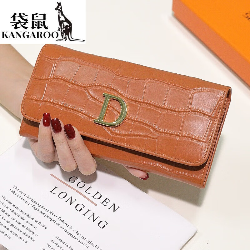Kangaroo 2025 New Genuine Leather Crocodile Pattern Wallet Women's Long Simple Mobile Phone Wallet Soft Leather Folding Large Capacity Wallet High-end Gift Box Crocodile Pattern Black