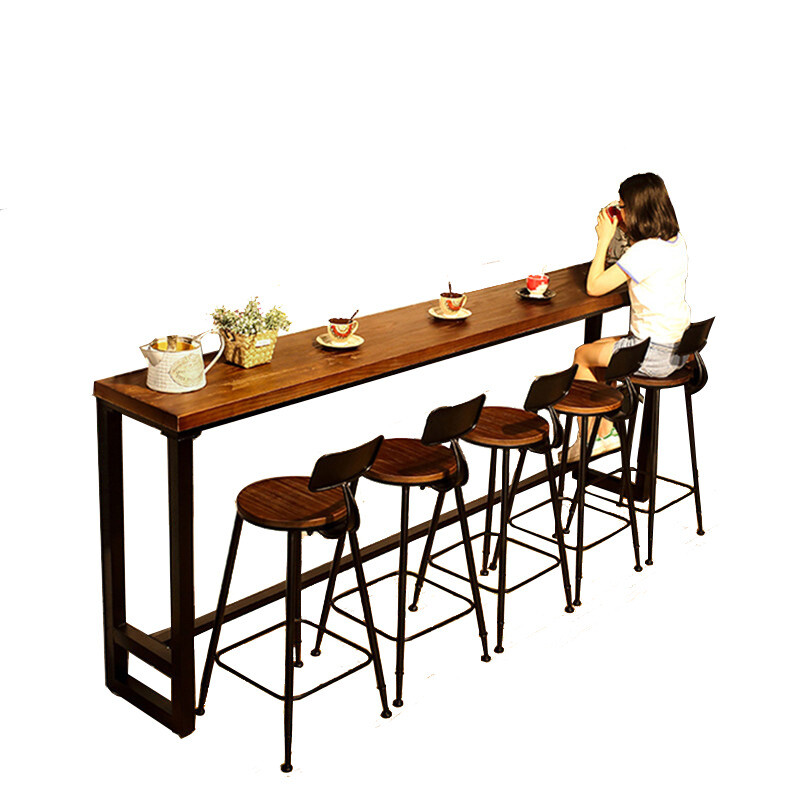 American solid wood bar table retro bar cafe iron bar table and chair combination milk tea shop wall high table customization 200*40*105cm
