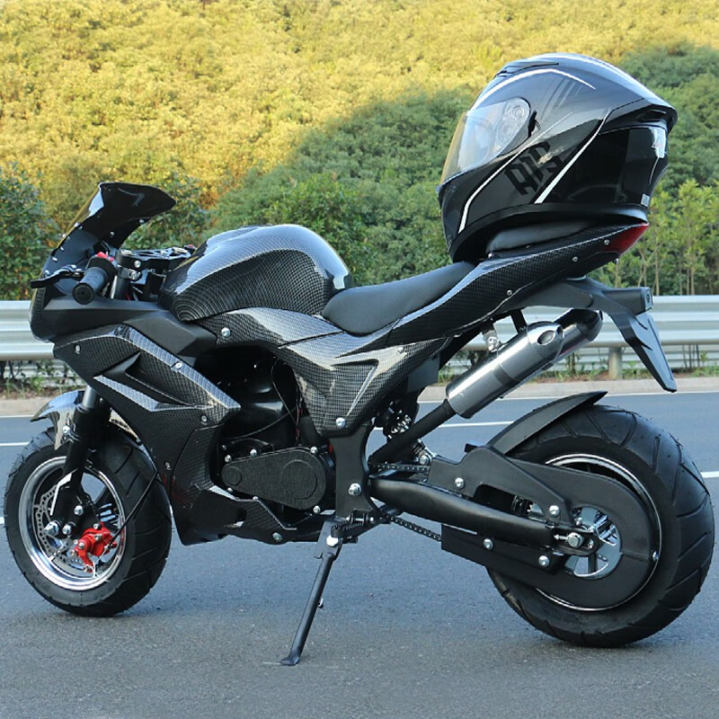 Langchuang motorcycle 49cc electric start two-wheeled mini large and medium-sized running children and adults mini sports car party racing fuel model black 8-inch vacuum tire big wheel (one-button electric start model)