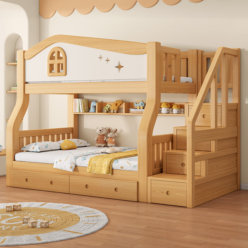 St. Burton all solid wood bunk bed, adult high and low bunk bunk bed, upper and lower bunk bed, two-story wooden bed, small apartment children's bed, straight ladder type, upper 110 and lower 130 (cherry wood)