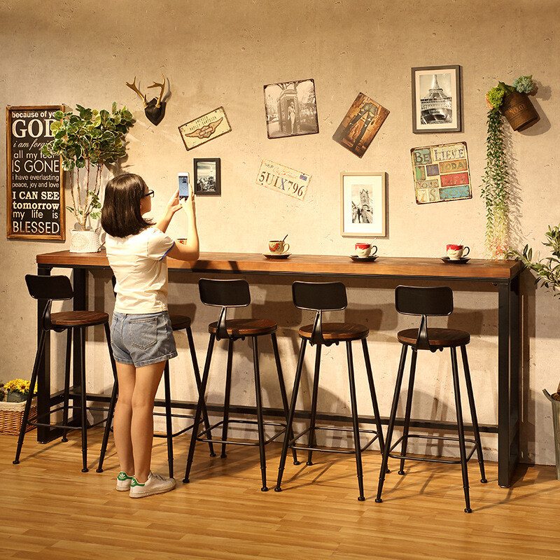 American solid wood bar table retro bar cafe iron bar table and chair combination milk tea shop wall high table customization 200*40*105cm