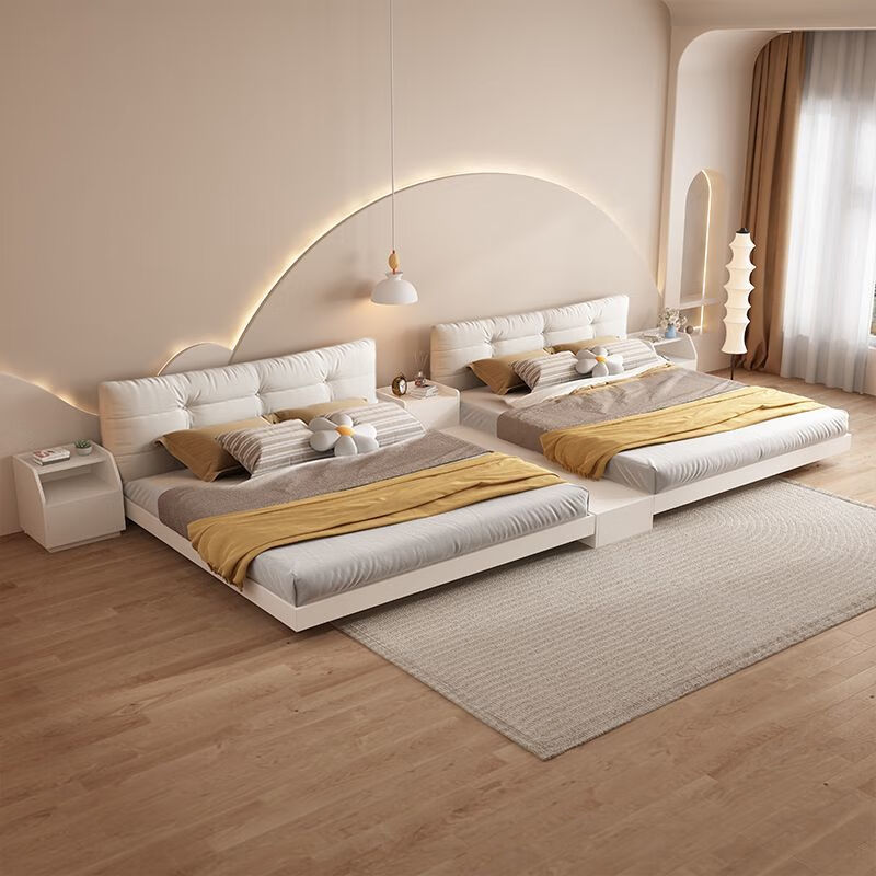 Secret floating bed tatami wabi-sabi style simple 1 meter 8 double soft package storage bed tatami bed floor-standing Japanese style walnut color bed + bedside + 1 bedside table + mattress 1500mm*2000mm frame structure