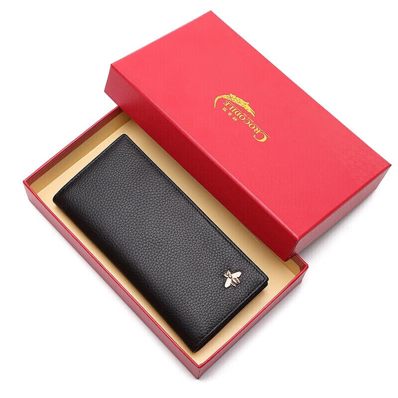 Crocodile shirt New Year's gift first layer cowhide simple women's long wallet bee folding ticket holder girl's birthday black