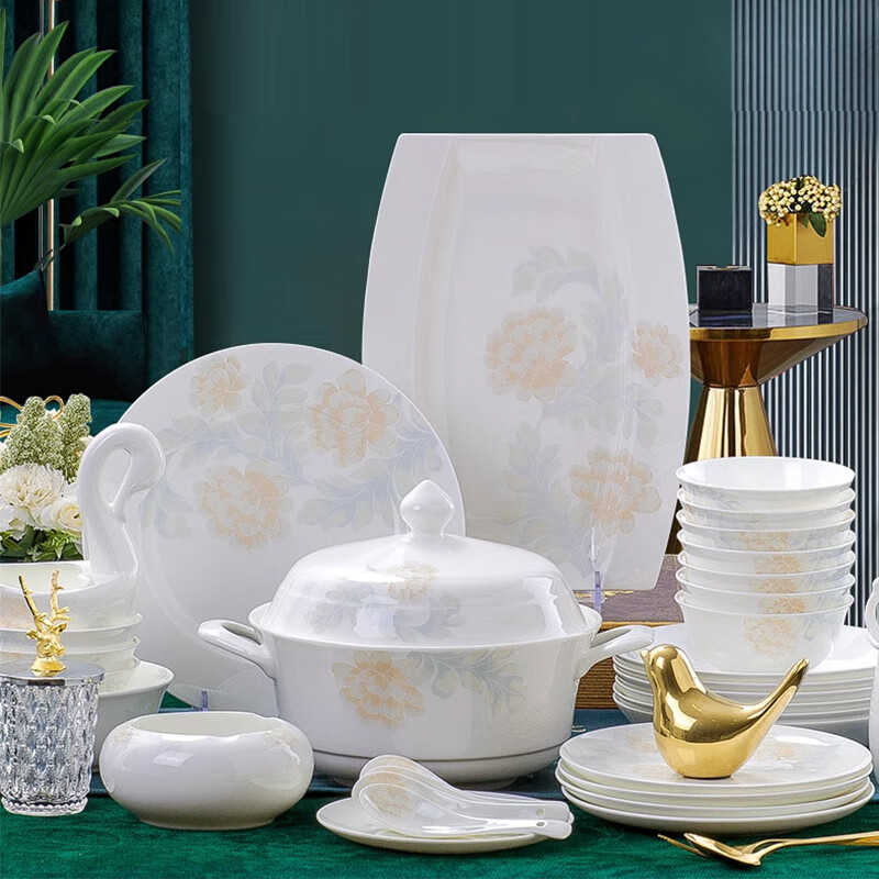 Prime Minister of Porcelain Jingdezhen High Temperature Bone Porcelain Underglaze Color Tableware Complete Set of Bowls and Dishes for Household Light Luxury Housewarming and Wedding Gift Bowl and Plate Set Dark Fragrance Sparse Shadow Underglaze Color 56-piece Set