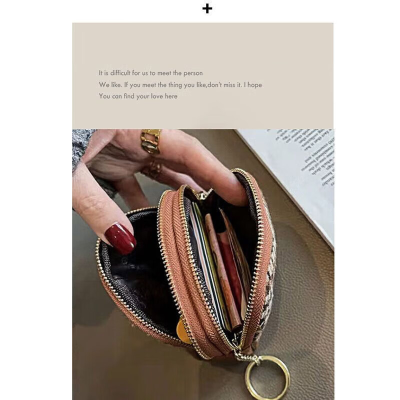 CLCEY Houndstooth Compact Wallet Valentine's Day Coin Purse Valentine's Day Women's Mini Coin Bag Exquisite High-end Niche Design Double Zipper - Houndstooth Brown