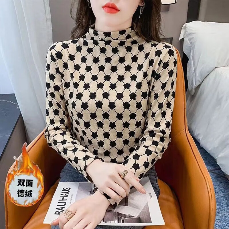 Chonglin double-sided German velvet half-turtle collar bottoming shirt for women 2025 autumn and winter new slim fit elastic inner long-sleeved T-shirt top black and white diamond check German velvet warm fabric XL recommended 115-125 pounds