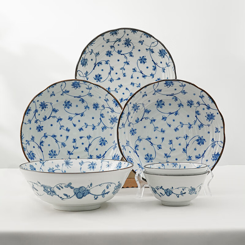 Minoware imported from Japan underglaze colored ceramic bowls and plates 6-piece tableware set