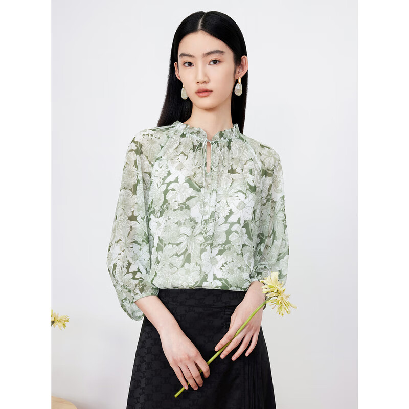 Jiuzi Annako printed chiffon shirt women's summer loose mountain floral green suspender green flower light green L