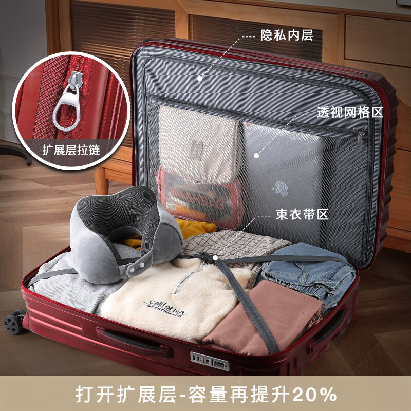 Shamit suitcase 22-inch trolley suitcase, expandable suitcase for male and female students, wear-resistant and scratch-resistant PC154 wine red