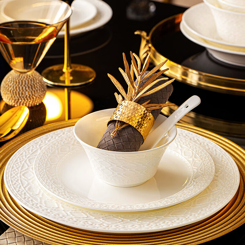 NINE CRANES embossed tableware complete set of household bowls and plates, high-end Jingdezhen underglaze color bone china tableware, housewarming gift bowl and dish set, 60-piece set丨Jingdezhen first-class underglaze color bone china