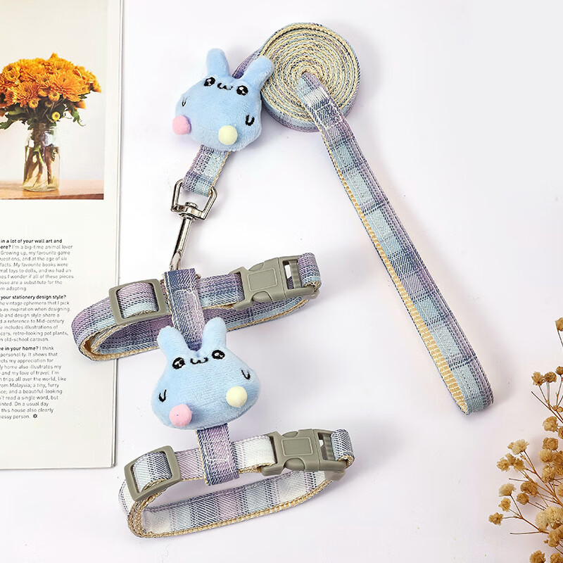 Haiyido pet cat I-shaped gradient traction rope cat rope anti-breakaway adjustable traction cat tether cat rope chain dog leash blue lazy rabbit S size (suitable for 3-8 pounds)