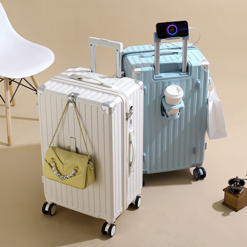 Yixuan super large capacity suitcase for women 32 inches high-looking thickened pc durable suitcase men's zipper explosion-proof checked box sky blue usb charging port + cup holder + hook 26 inches - double-layer zipper + wet and dry separation lining