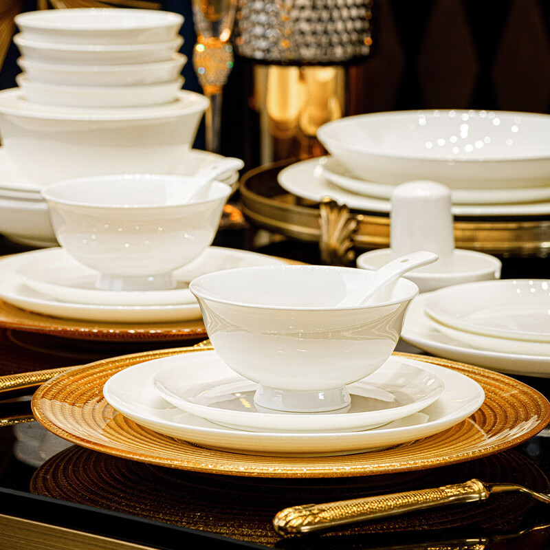 NINE CRANES high-end bowl set bone china household pure white Jingdezhen ceramic bowls and plates tableware high-end housewarming gift set first-class bone china | brocade box packaging | with lucky pot 70-piece set
