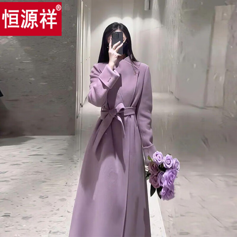 Hengyuanxiang Purple Coat Women's Mid-Length Front Shoulder Thickened Lace Up 2025 Autumn and Winter High-Quality Waist Button Woolen Coat Purple Cotton Style M Recommended 101-120 catties