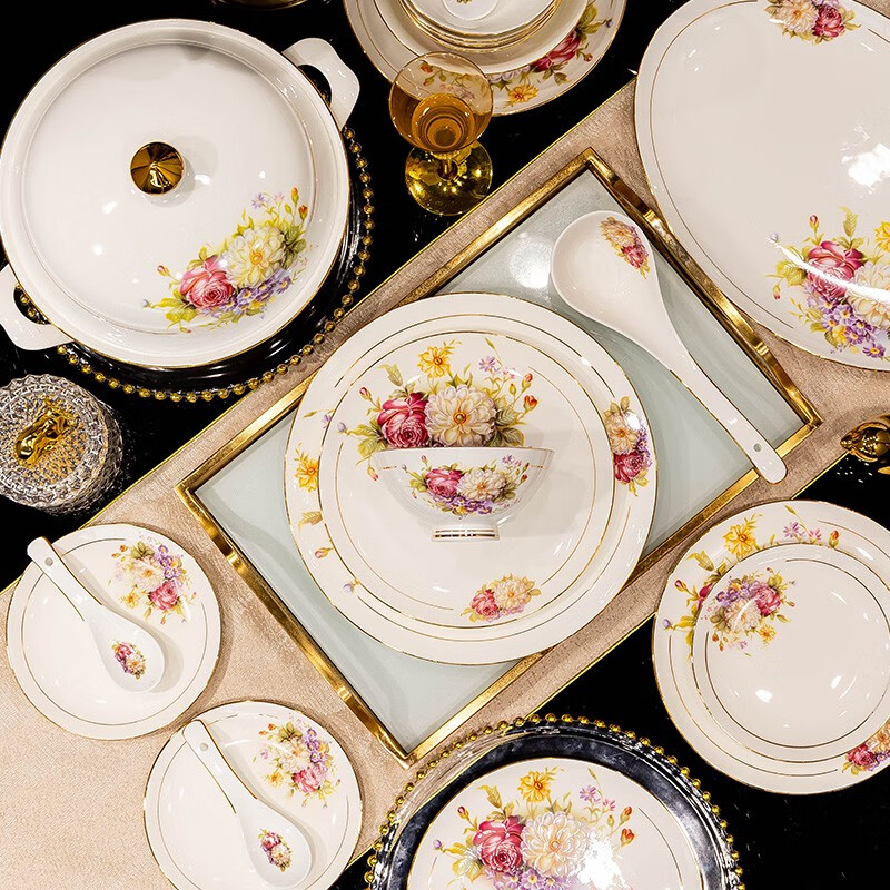 Cichuanna Jingdezhen dish set household Chinese light luxury gold-rimmed bone china tableware complete set of bowls and dishes wedding and housewarming gift with flowers in bloom for 10 people, leather box, 60 pieces