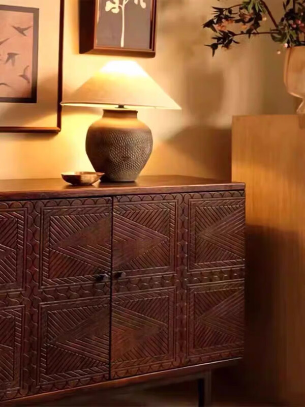Wen Yijia Nordic medieval retro solid wood sideboard carved solid wood furniture simple light luxury all solid wood entrance cabinet storage 160*40*81cm