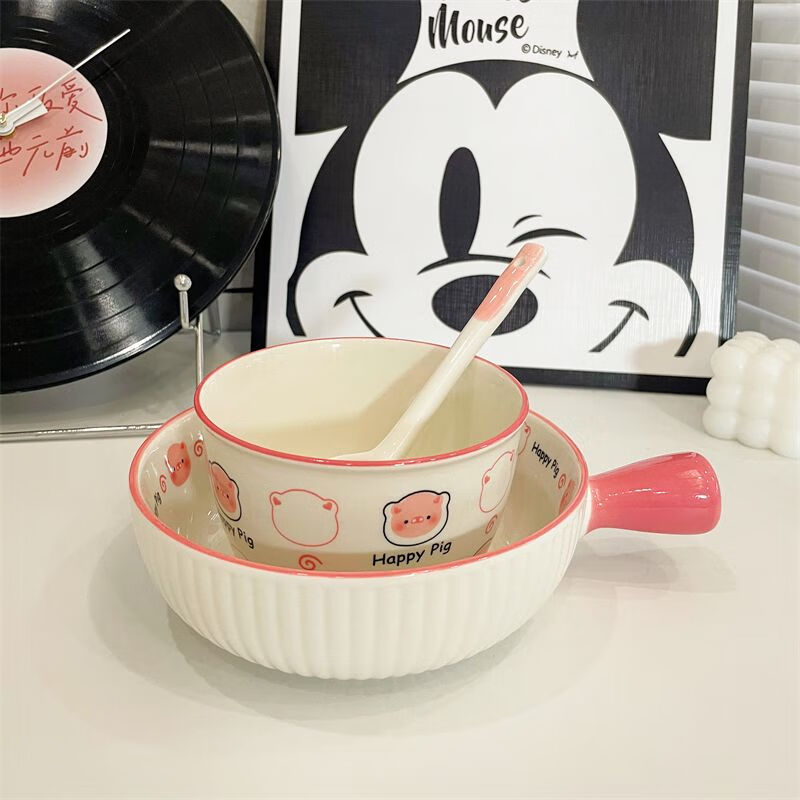Fantasy Happy Piggy One Person Food Cute Girly Heart Tableware Hand Bowl Baked Rice Bowl Ceramic Underglaze Colored Tableware Set Handle Bowl + Handle Plate 2-piece Set