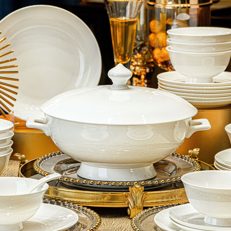 NINE CRANES high-end bowl set bone china household pure white Jingdezhen ceramic bowls and plates tableware high-end housewarming gift set first-class bone china | brocade box packaging | with lucky pot 70-piece set