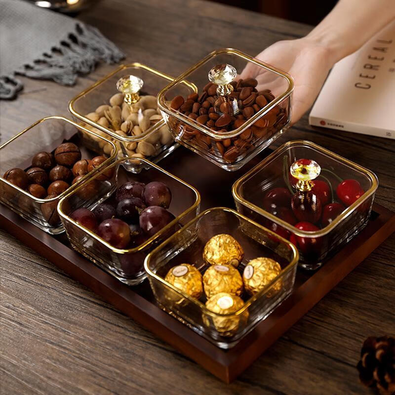 CRISTALGLASS new home living room fruit plate, coffee table, dried fruit plate, snack plate, storage box, snacks, dried fruits, nuts, candies, snack compartments, 6-grid tray + 6 gold-rimmed fruit plates with lids