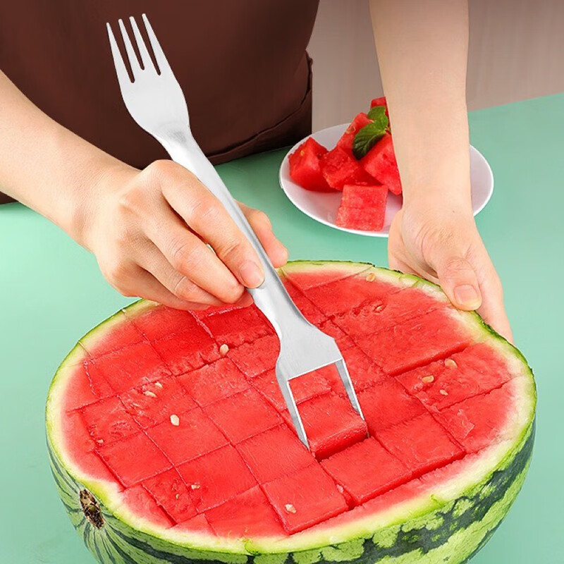 Jingju Stainless Steel Watermelon Slicer Fruit Divider Knife and Fork Integrated Slicing Tool Watermelon Fruit Divider Watermelon Dicer 1 Pack 25*4.5cm