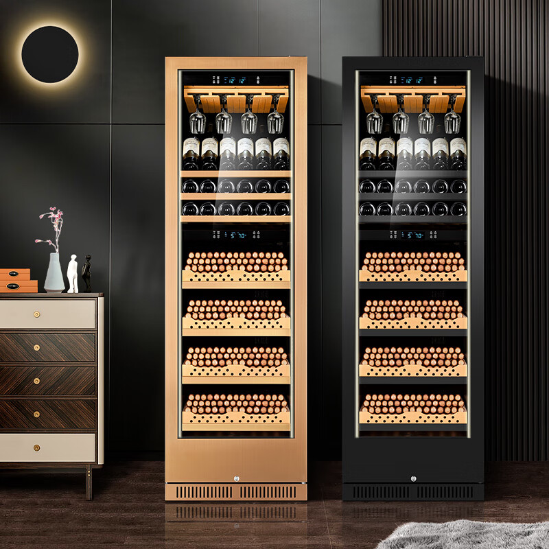 FUKE FK-188WD1 cigar cabinet, constant temperature and humidity, stainless steel smart wine cabinet, dual temperature dual system, large capacity, embedded home wine and tea humidifier, black cigar and red wine hanging cup model