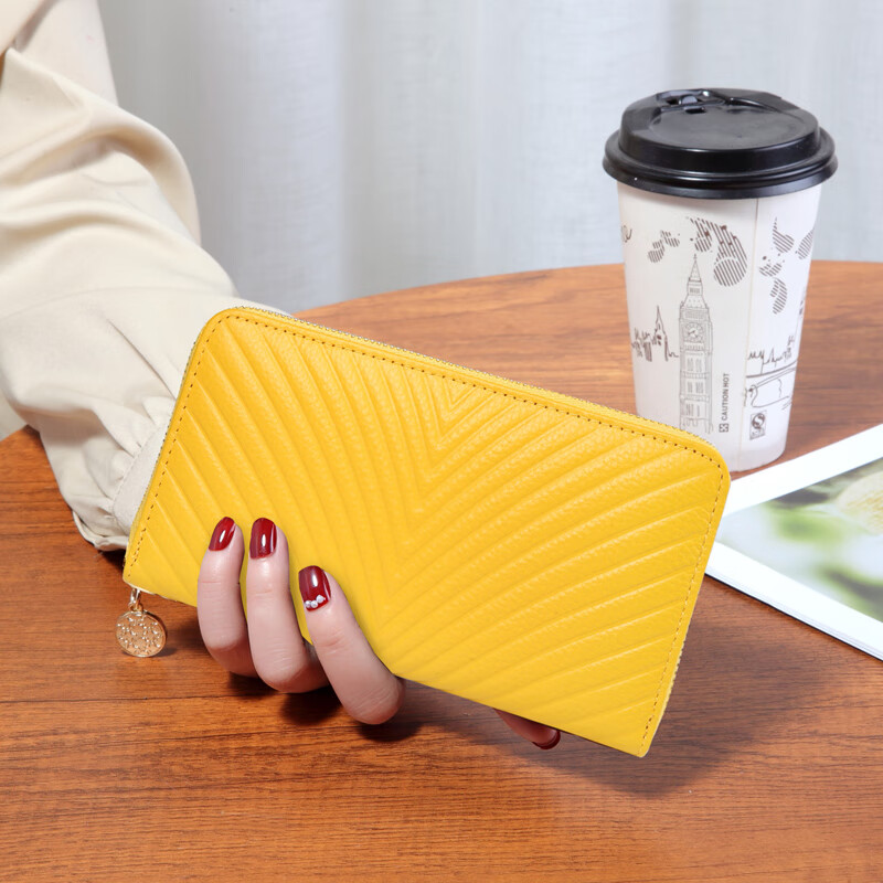 Sephora brand, one-year warranty, high-end genuine leather long zipper wallet, anti-degaussing, anti-theft brush handbag, mobile phone, large capacity coin purse, soft, yellow, no specifications