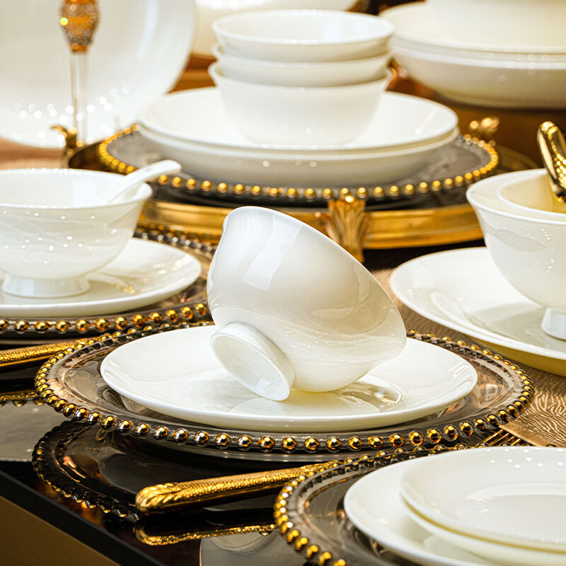 NINE CRANES high-end bowl set bone china household pure white Jingdezhen ceramic bowls and plates tableware high-end housewarming gift set first-class bone china | brocade box packaging | with lucky pot 70-piece set