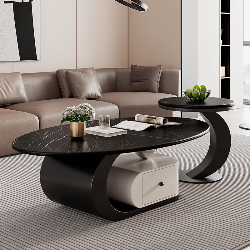 Yuelun Italian light luxury microcrystalline stone slate coffee table simple and modern 2025 new home living room small apartment high-end coffee table black frame + white drawer 120+50 (swan white)