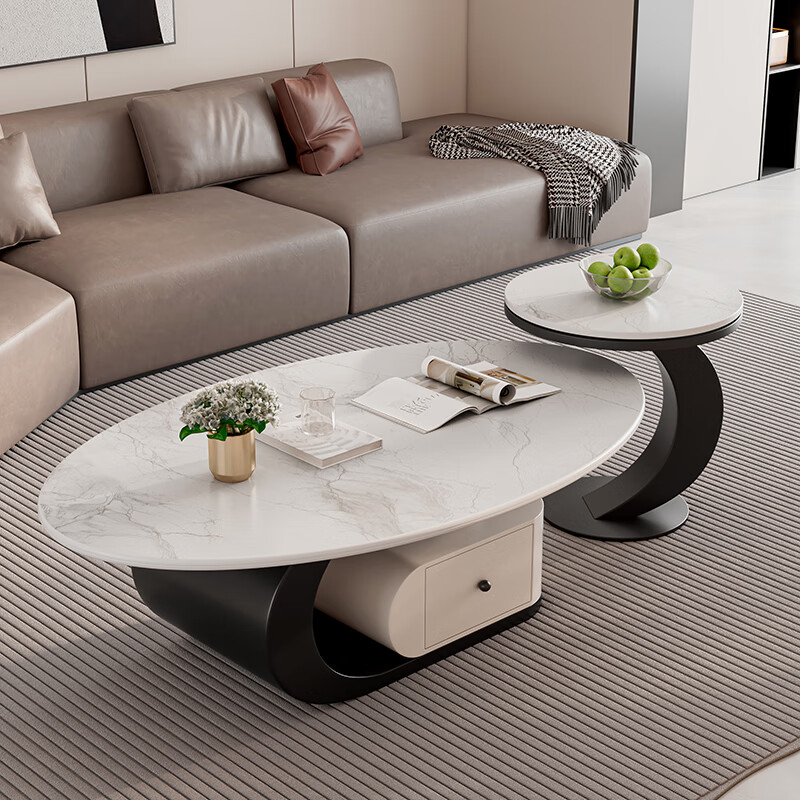 Yuelun Italian light luxury microcrystalline stone slate coffee table simple and modern 2025 new home living room small apartment high-end coffee table black frame + white drawer 120+50 (swan white)