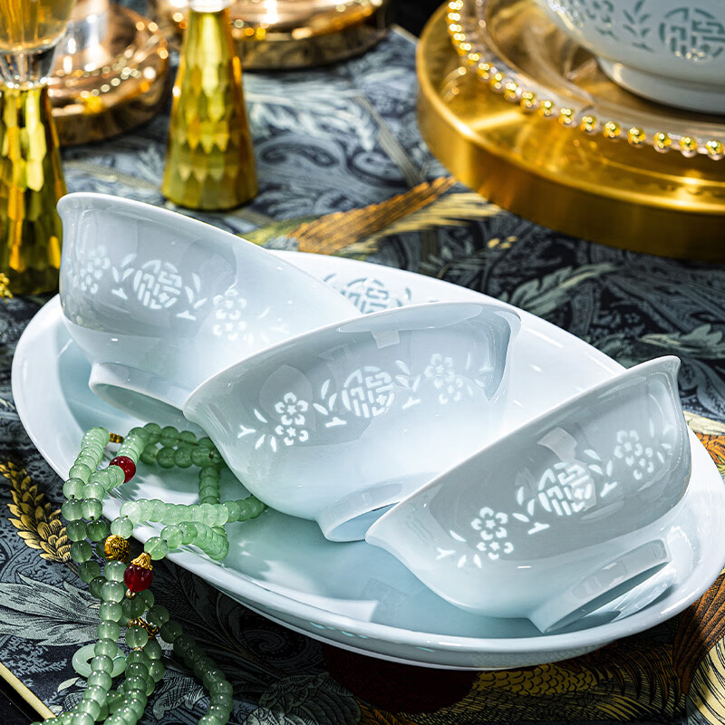 Jingci Jingdezhen Chinese exquisite tableware complete set with chopsticks, plates and bowls, high-end hotel housewarming gift, wedding gift, exquisite celadon | 6 people | 40 heads