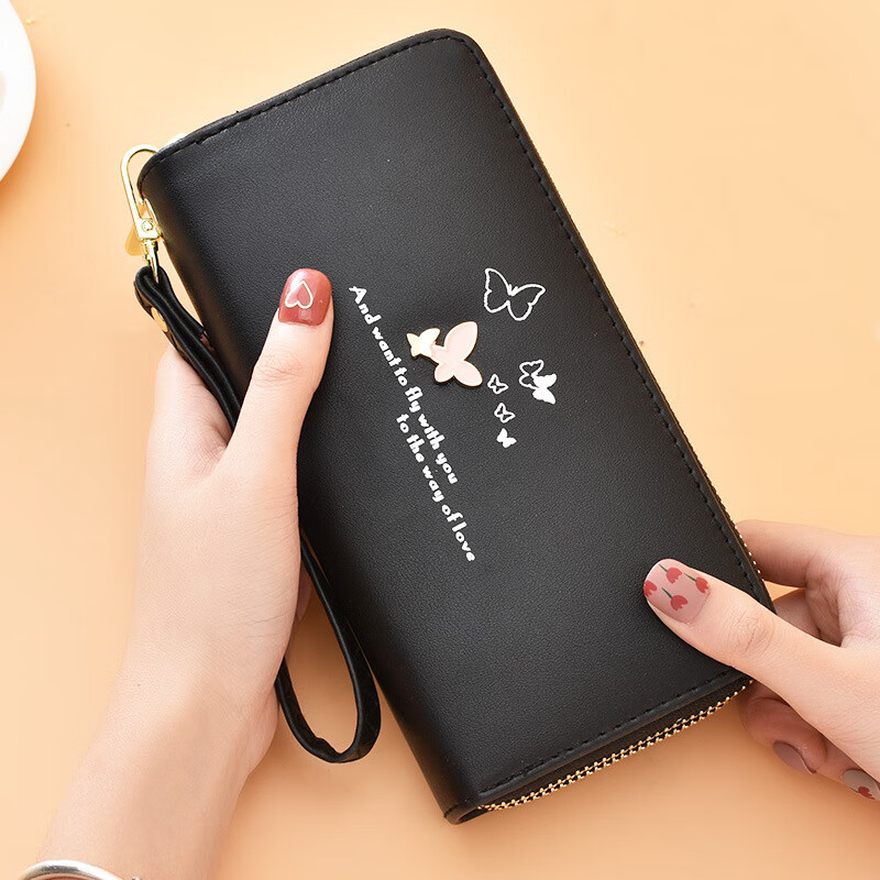 Wallet Women's Long Style 2022 New Fashion Wrist Clutch Cartoon Butterfly Double Zipper Large Capacity Mobile Phone Bag Purple