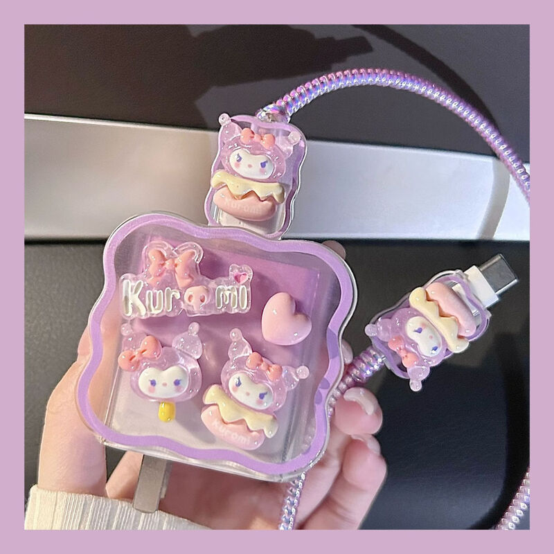 Lingyou Chuanghuo Data Cable Protective Case Huawei suitable for mate60pro charger protective case 66W universal anti-fall all-inclusive winding cute pura70 soft shell cartoon mate50 cable bite Culomi-Powder Set (USB+Type-C)