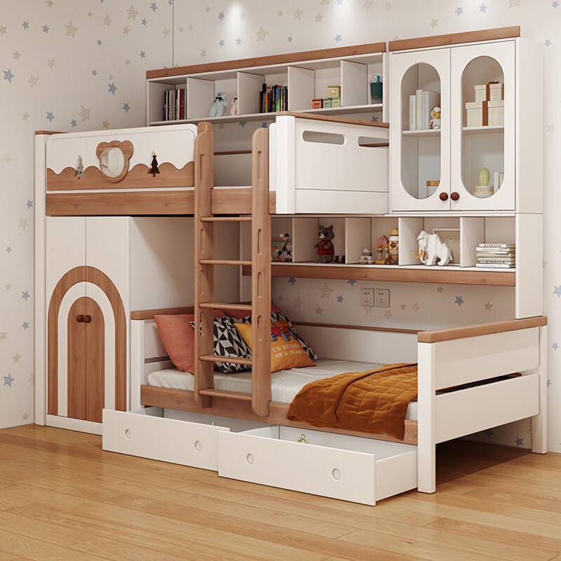 Youmanjia all solid wood staggered bunk bed for children so that they do not interfere with each other. Bunk bed with split-level height and low bed. Red walnut wood can be customized. Bunk bed + two-door wardrobe. 1.2*2 meters. Same width as upper and lower.