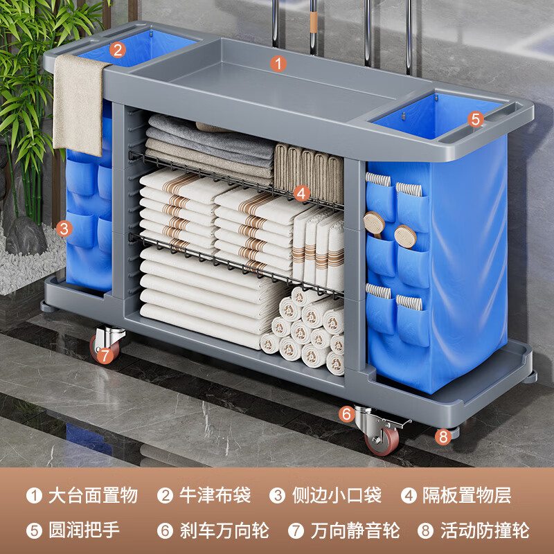 Shenfan Cloth Cart Special Work Cart for Hotel Rooms Cleaning Tool Cart Hotel Room Cleaning Trolley Upgraded Four-layer Double Sided Belt Side Bag + Storage Box