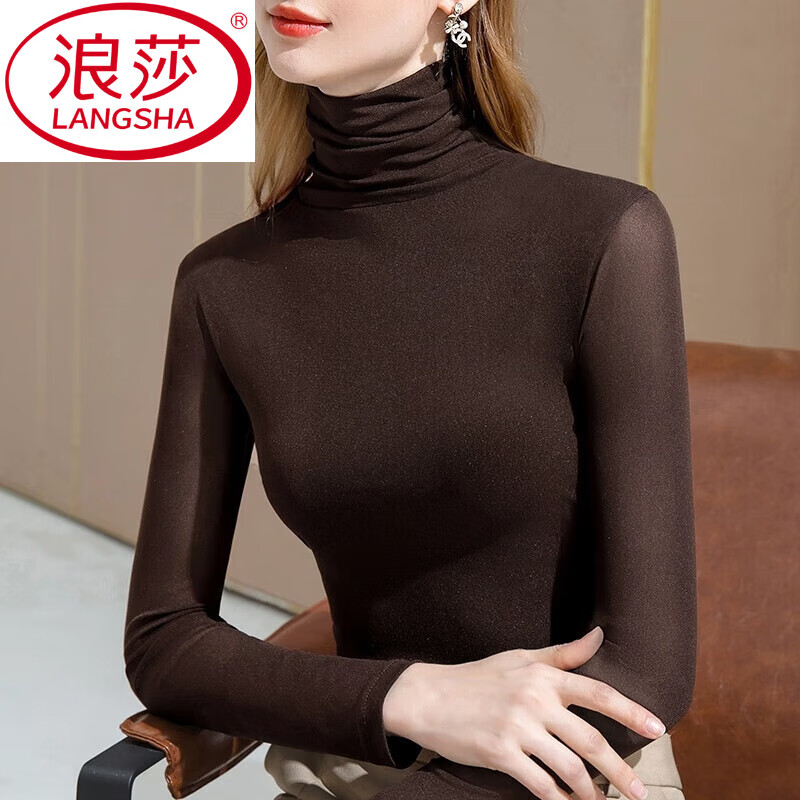 LangSha coffee-colored high-neck mesh bottoming shirt for women with gauze underwear autumn and winter 2025 black long-sleeved T-shirt high elastic top dark coffee color M recommended 100-110 pounds