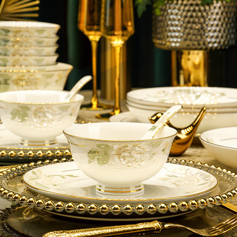 Han Ming New Year's Gift Jingdezhen Chinese-style bowls, plates and tableware complete set for home relocation bone china bowls and chopsticks set high-end luxury version 88-piece set丨with high-end brocade box