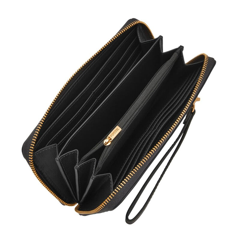 Fossil Women's Zipper Long Wallet Black Leather Simple Large Capacity Black One Size