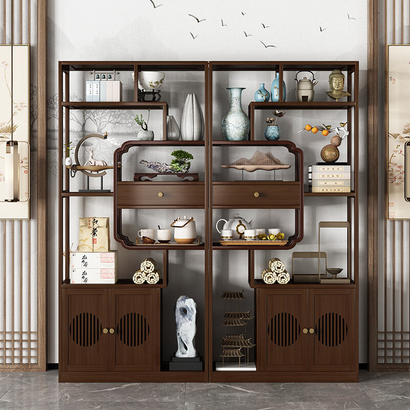 Sizhuge new Chinese style living room floor-standing ancient shelf Duobaoge tea tea room storage rack tea cabinet tea set display shelf combination style-3 piece set