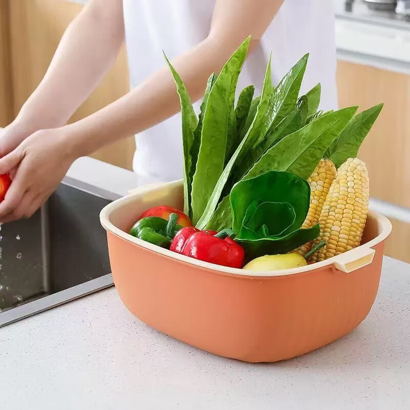 Haofanjie wash basin vegetable basket drain kitchen utensils vegetable basket supplies vegetable basin vegetable basket household vegetable basket basket double-layer U-shaped small size - orange