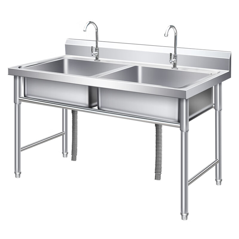Shantou Lincun stainless steel sink kitchen dishwashing basin with bracket sink vegetable sink single double three-slot commercial dishwashing pool household double pool length 100 width 50 height 80 0.6 thickness double pool